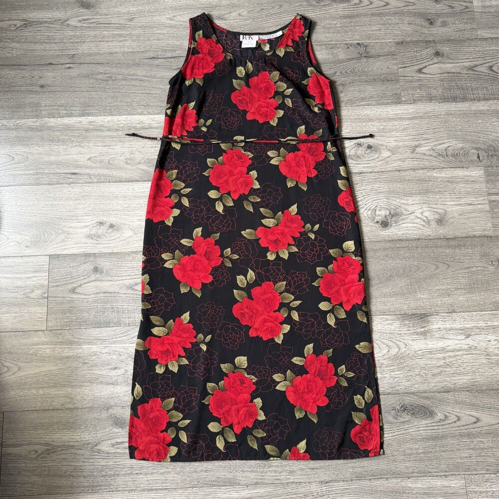R&K Originals Vintage Floral Maxi Dress Black Red Roses Sleeveless - Size 10P